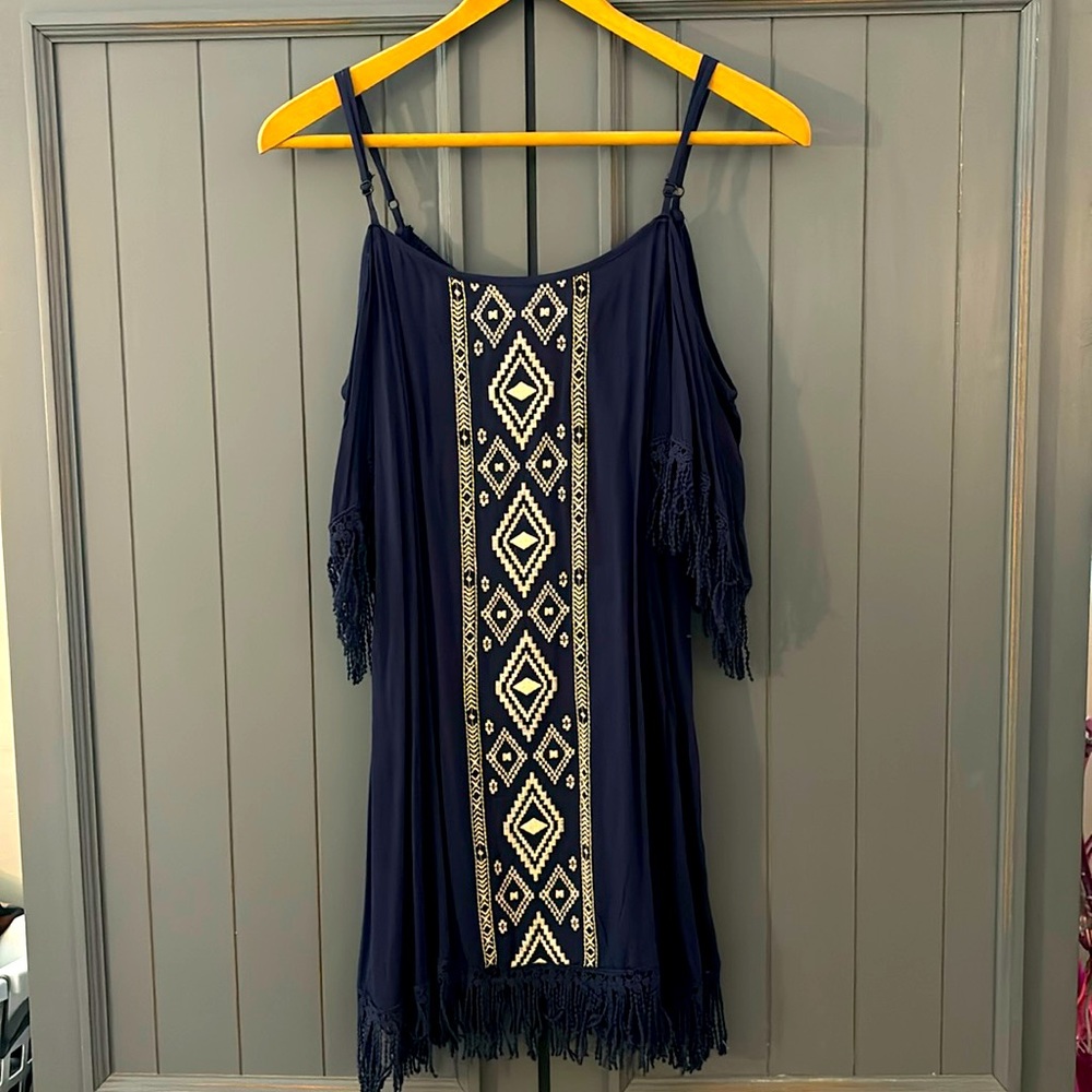 “Life of the Party” Navy fringe embroidered dress